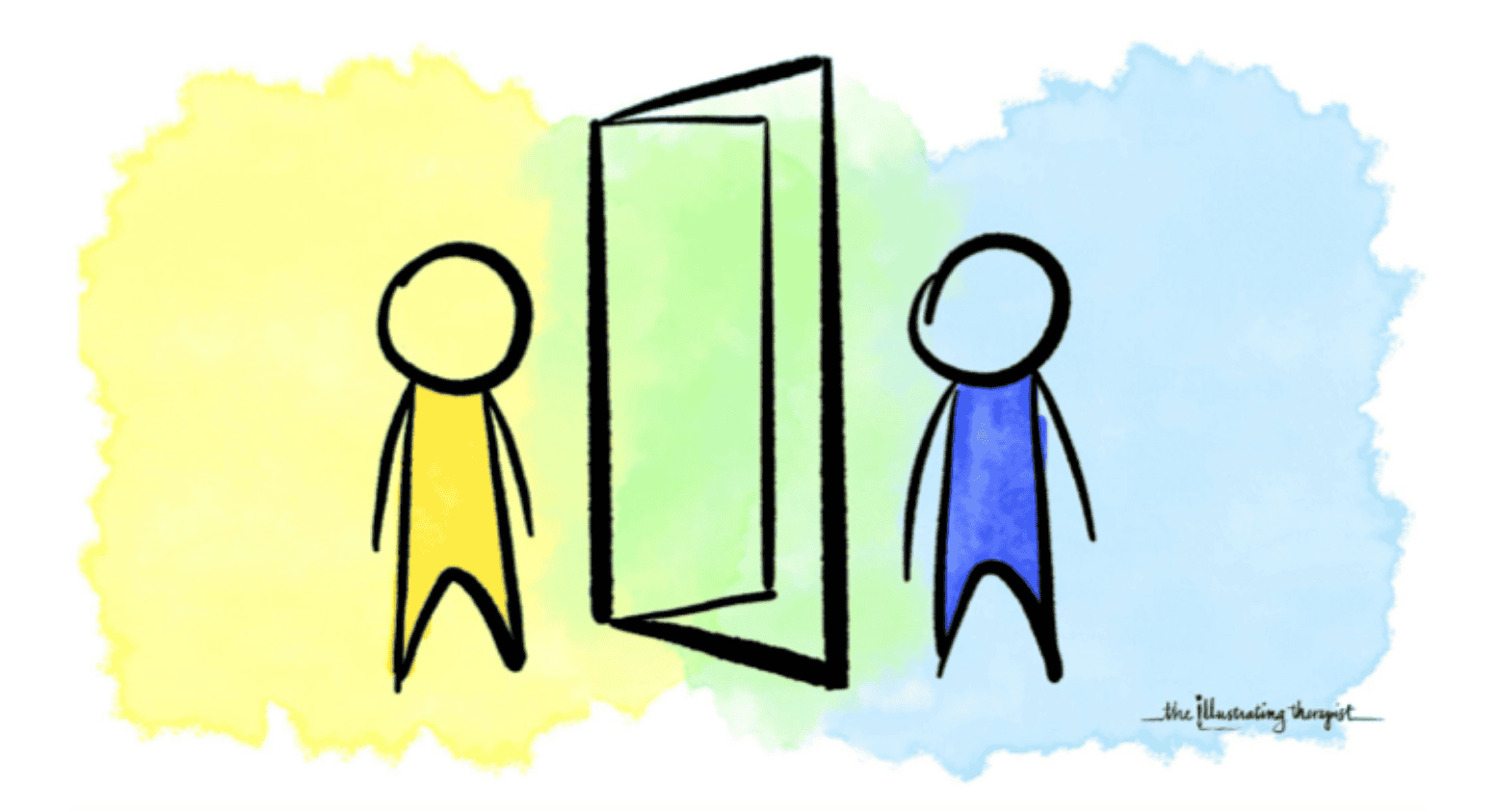 Watercolor illustration by Lara Hammock showing two figures separated by an open door — symbolizing emotional distance in relationships